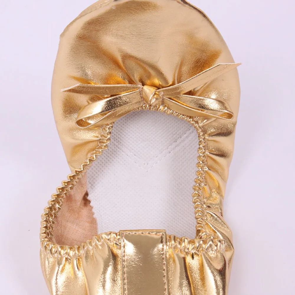 Comfortable Bowknot Belly Dancing Shoes Golden Leather Foldable Ballet Flats Foldable Breathable Ballerina Flats Ladies