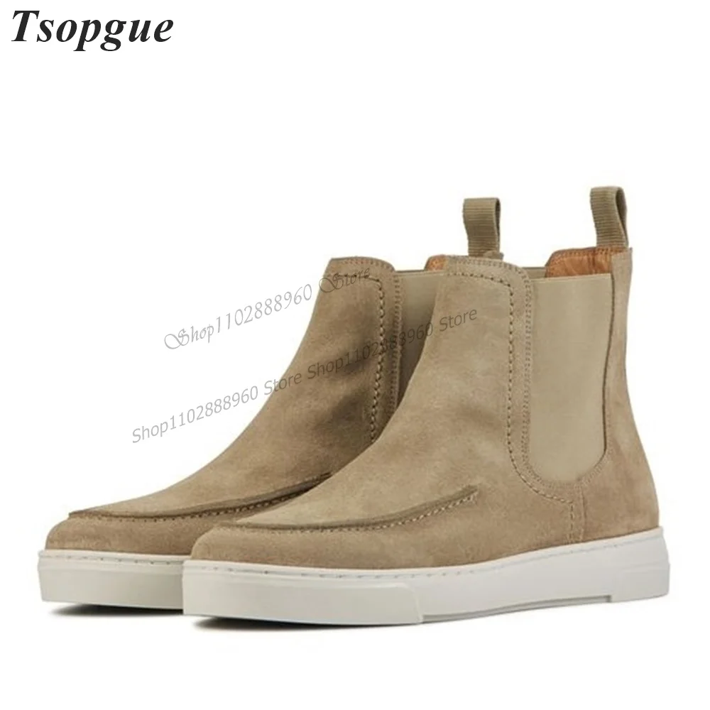 

British Style Apricot Flock Elastic Men's Ankle Boots Men Shoes Slip-On Runway Casual Party Shoes 2023 Fashion Zapatillas Muje