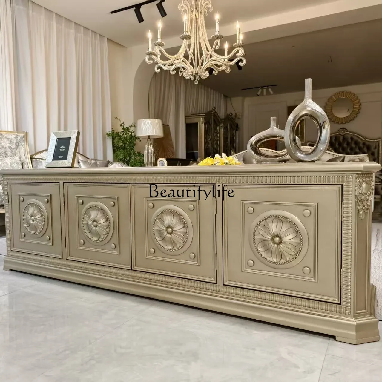 

01 yj19 American retro TV cabinet coffee table combination light luxury solid wood carving flower floor cabinet