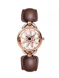 Rotation Dial Quartz Women Watch Genuine Leather Strap Antique Watch