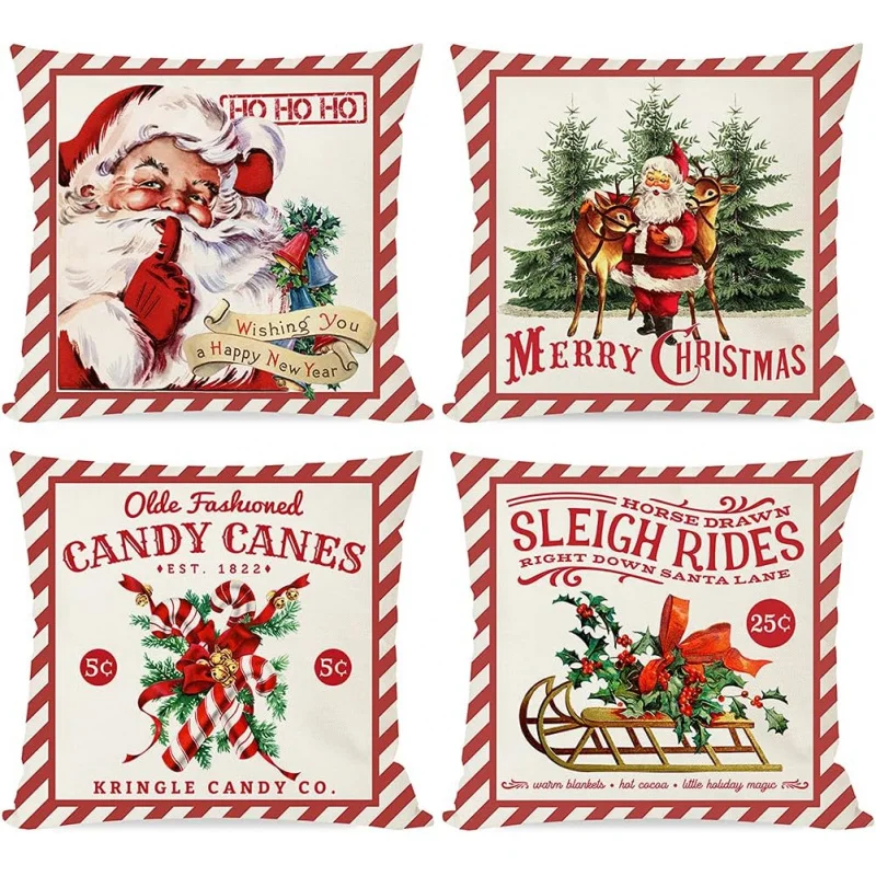 Red Retro Christmas Santa Trees Candy Cane Sleigh Rides Reindeer Rustic Country Holiday Decor Throw Pillows Cases Set of 4