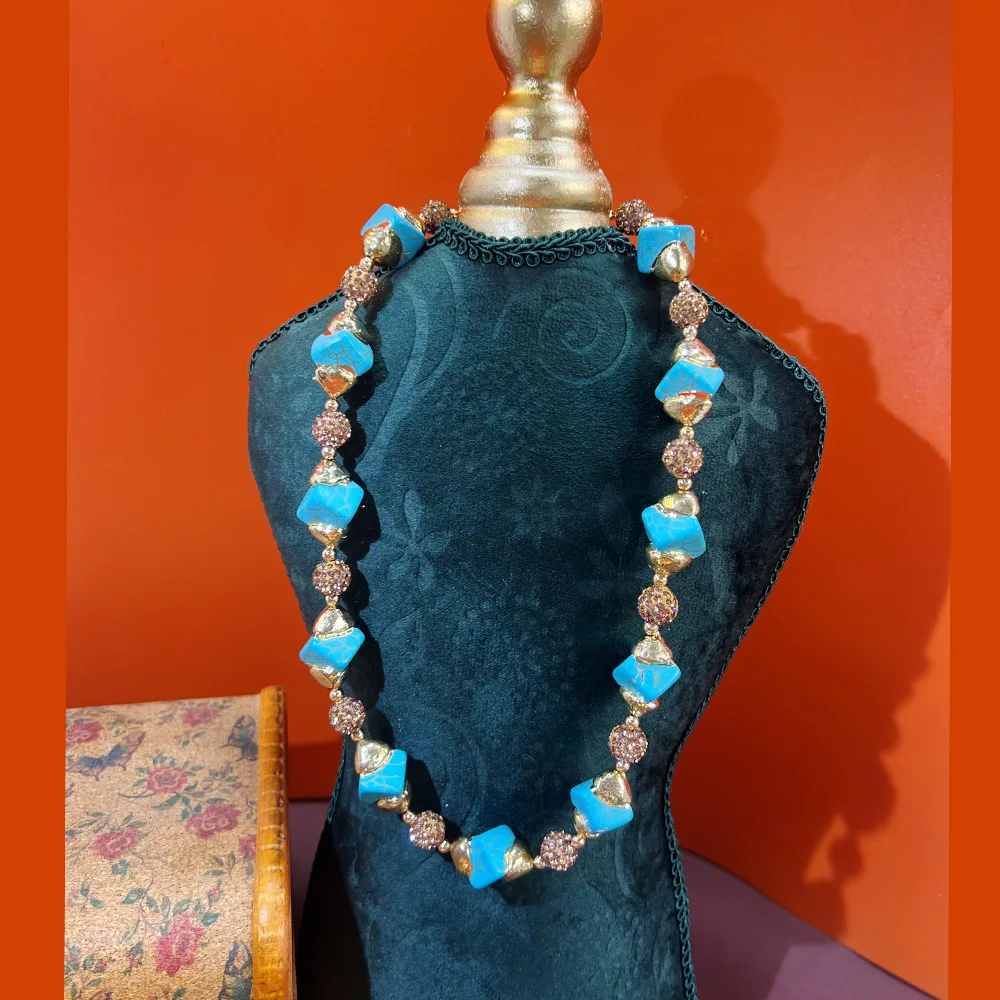 Retro gold foil turquoise mud tao glass handmade necklace vintage court style high-end long sweater chain