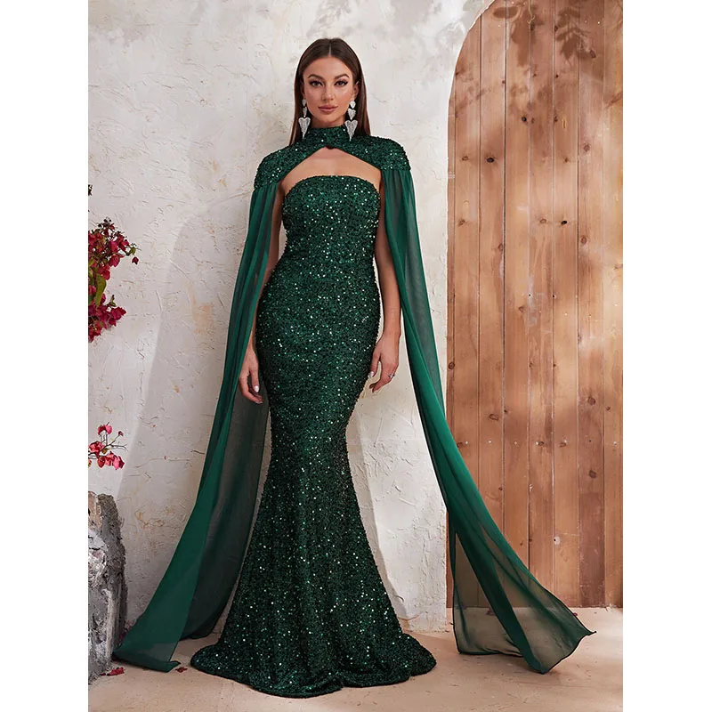 Women Fashion Vestido de festa Halter shawl Strapless Sequined Sexy Backless Cocktail Prom Evening Long Maxi Dress