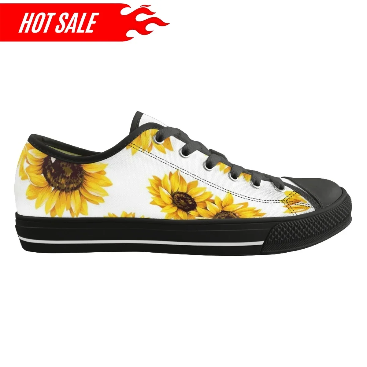 Sneakers for Woman Beautiful Yellow Flower Sunflower Low Top White & Black Canvas Shoes Designer Lady Shoes Zapatos Para Mujeres