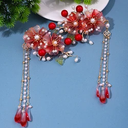 Red Flower Hairpins Chinese Style Hair Clip Long Tassel Pearls Headpieces Women Girls Hanfu Dress Daily Hair Jewelry Accessories