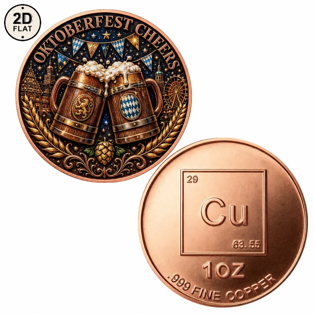 1pc 1 OZ .999 Fine Copper Oktoberfest Cheers Beer Mug Challenge Coin Bavarian Beer Festival Souvenir Medal Keepsake Gifts