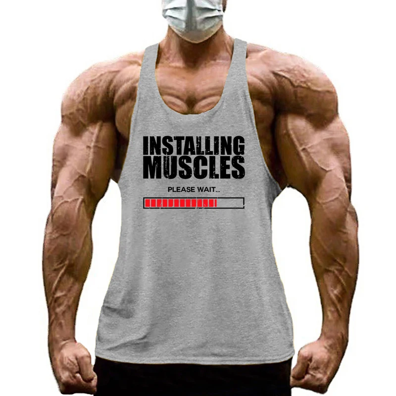 Installing Muscles Please Wait Y-back Tank Tops Gym Fitness Bodybuilding Sport Shirt Mens Cotton Breathable Sleeveless Singlets