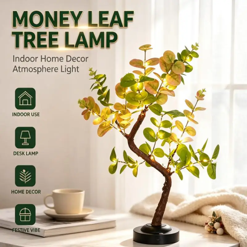 LED Money Leaf Tree Lamp USB Battery Powered Desk Light Indoor Home Decoration Atmosphere Lamp Bedroom Festival Gift Decor