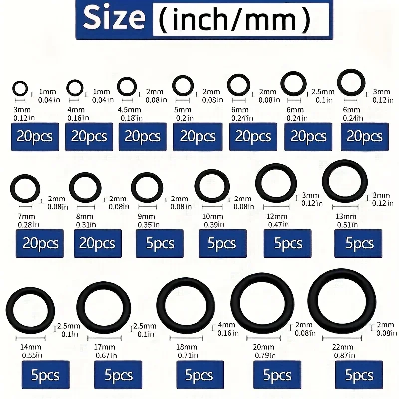 225pcs O-Ring Kit: Durable Rubber Seals for Automotive & Machinery, Ideal for Plumbing - Oil & Water Resistant, Assorted Sizes