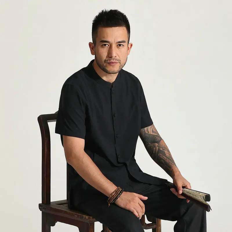 Men Cotton Shirt Beige White Black Mandarin Collar SIngle Breasted Short Sleeve Tops Male Zen Style Top Summer Spring Wear 2025
