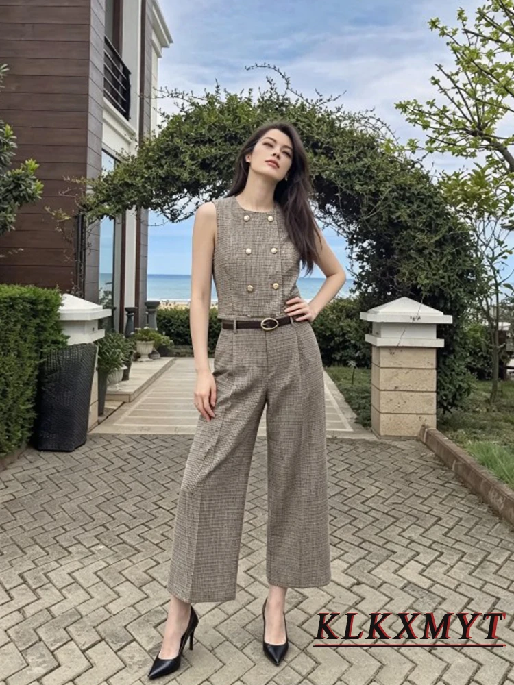 Women Fashion Plaid Sets Sexy O-Neck Double-Breasted Sleeveless Vest+With Belt Wide-Leg Pants Summer Autumn Office New 2 Pieces - view 6