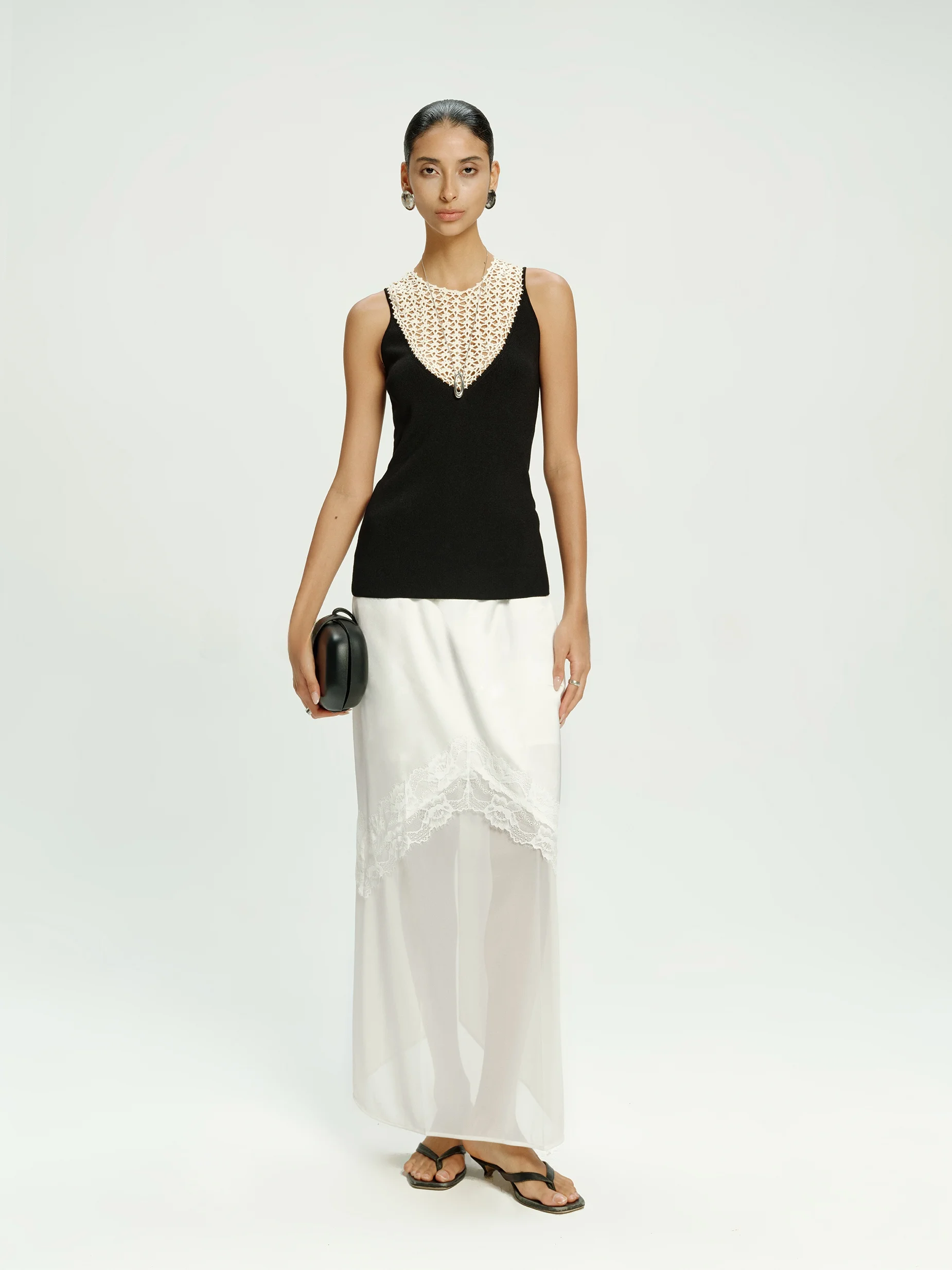 

Soulkiss Faionable Lace Patchwork Split Long Skirt Ele Vintage Sle Ladies' mid Waist Straight Cut Midi Skirt