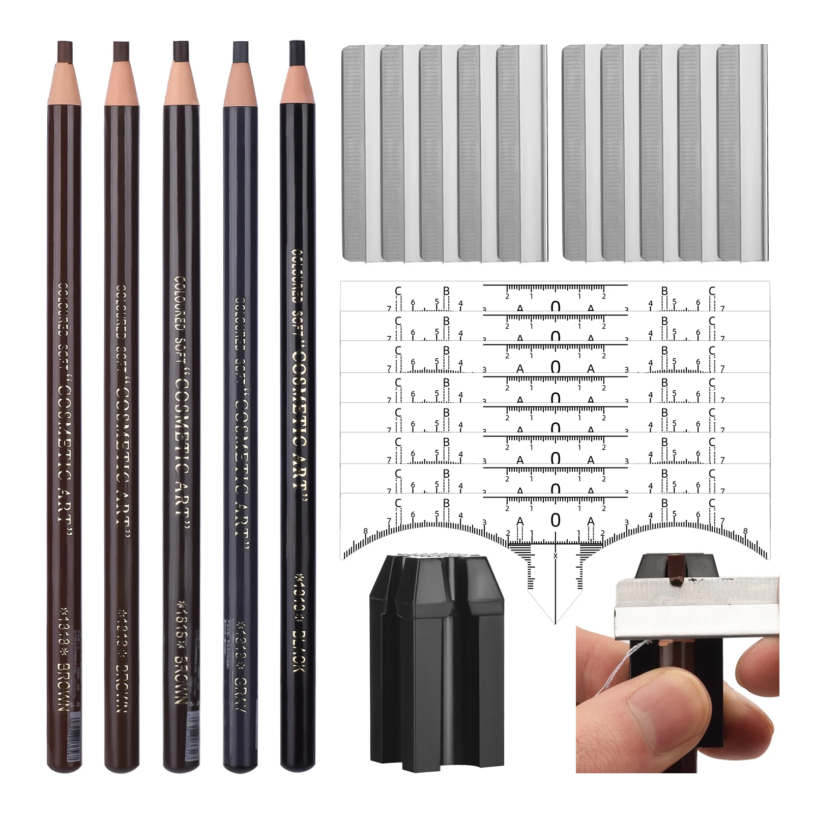 100PCS Disposable Eyebrow Locator Stickers 5PCS Eyebrow Pencil 10PCS Brow Trimmer Blade 1PC Eyebrow Pencil Sharpener Set