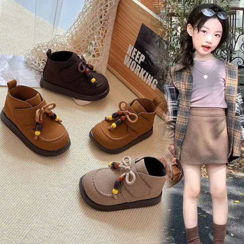 

Girls Ankle Boots Simple Bows Korean Style Kids Short Boots Retro Versatile 2025 Autumn New Children Casual Boots Soft Bottom