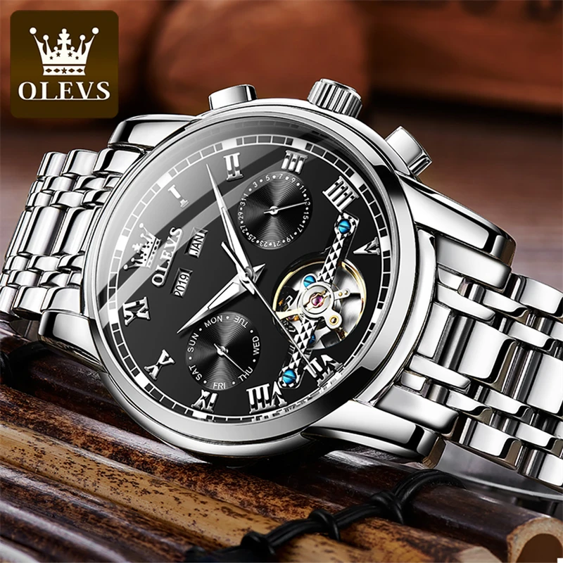 OLEVS นาฬิกาคู่รักใหม่สำหรับผู้หญิงนาฬิกา Tourbillon mechanicalwatch กันน้ำผู้ชายสายสแตนเลสคุณภาพของขวัญคู่รักนาฬิกาข้อมือ