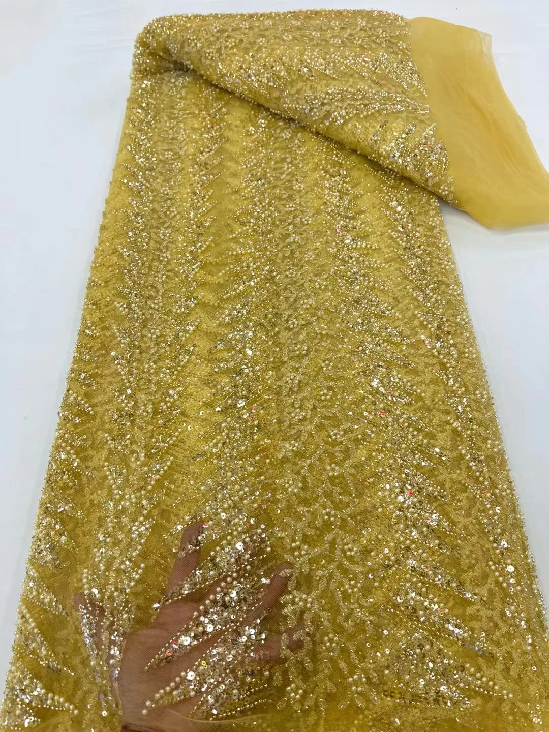 Paillettes di colore verde limone di alta qualità alla moda in Tulle con perline ricamo tessuto di pizzo netto francese per abito da festa