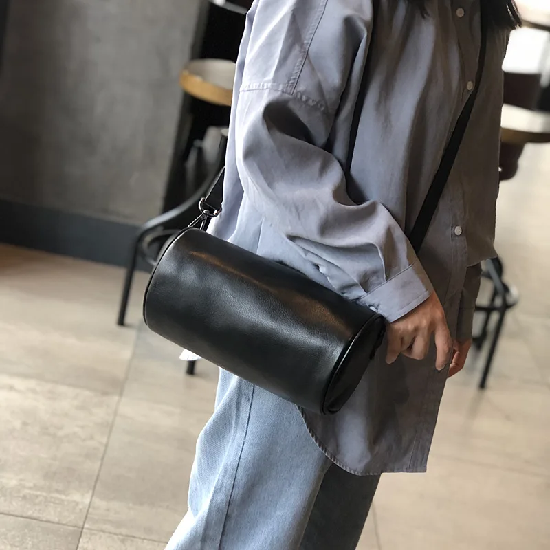 Cylinder Bag Leather Casual Soft Leather Crossbody Bucket Bag Luxury Brand Women  Shoulder Bag Ins Retro Style