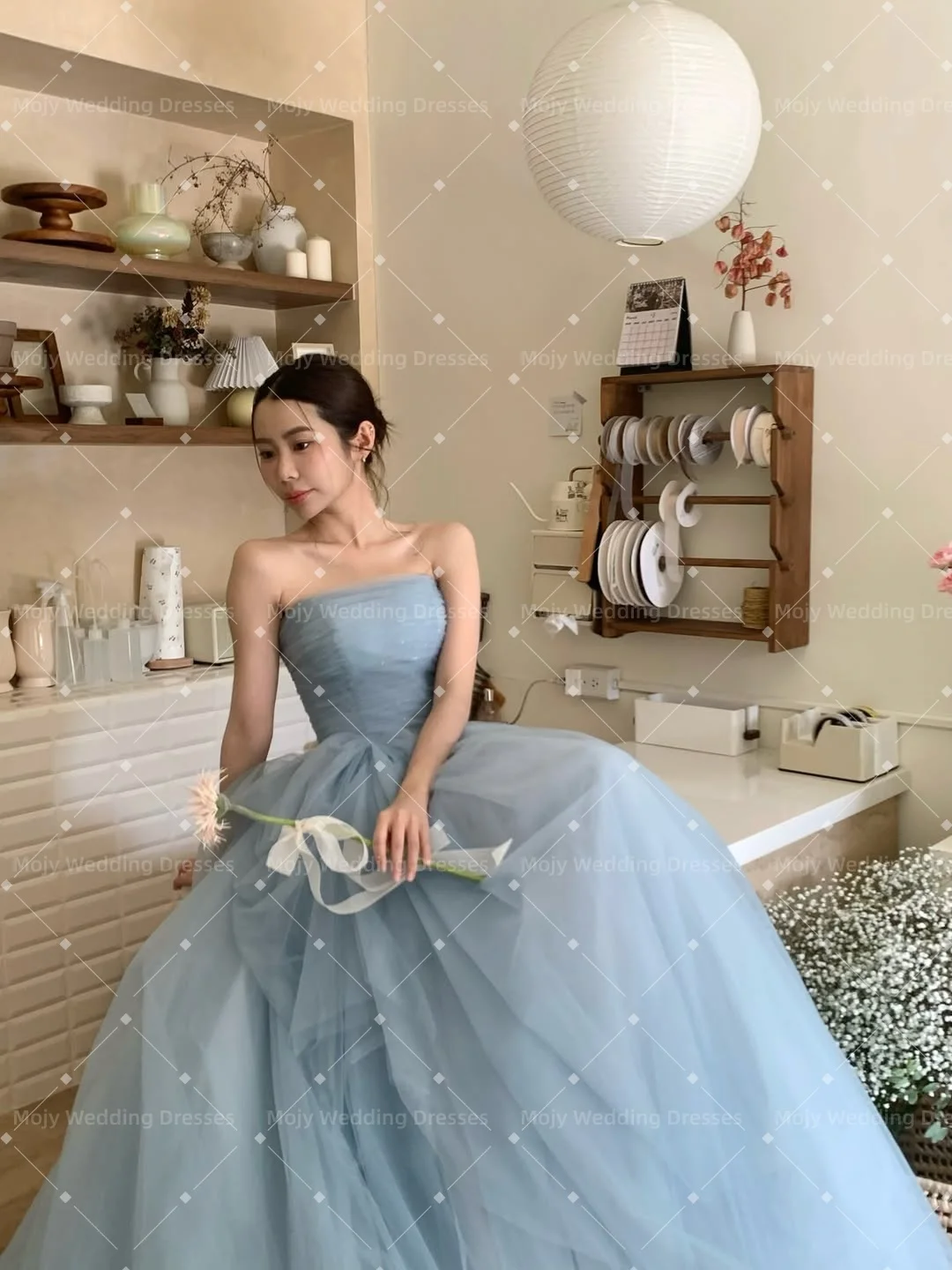 bridesmaid dresses korean Mojy 2026 Blue Tulle 웨딩드레스 Korea Wedding Photo Shoot Strapless Sleeveless A line Style Wedding Dress Corset Customized FPSITEWIDE