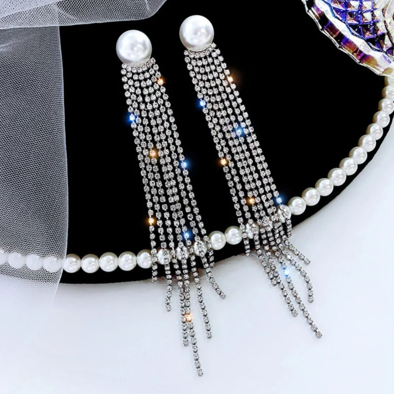 

Korean Hot-Selling Elegant Long Pearl Tassel Full Diamond Earrings for Women Exaggerated Internet Celebrity Light Luxury High-En