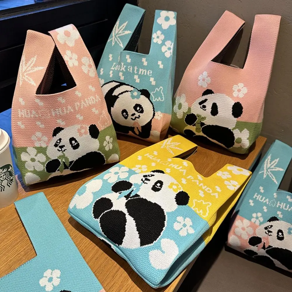 Cute Cartoon Panda Knit Handbag Women Knot Wrist Bag Casual Color Wide Tote Bag Student Shopping Bag For Women