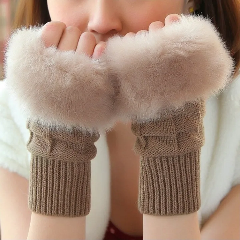 

1 Pairs Faux Rabbit Fur Knitted Gloves Winter Hand Warm Fingerless Mittens Fingerless Knitting Warmer Wrist Hand Gloves Solid