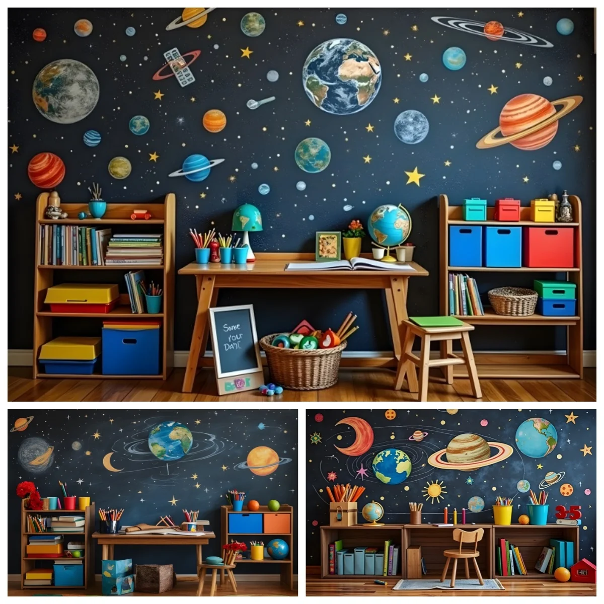 

Back to School Photography Backdrop Universe Starry Sky Wall Bookshelf Learning Desk Kids Portrait Background Photo Studio Props