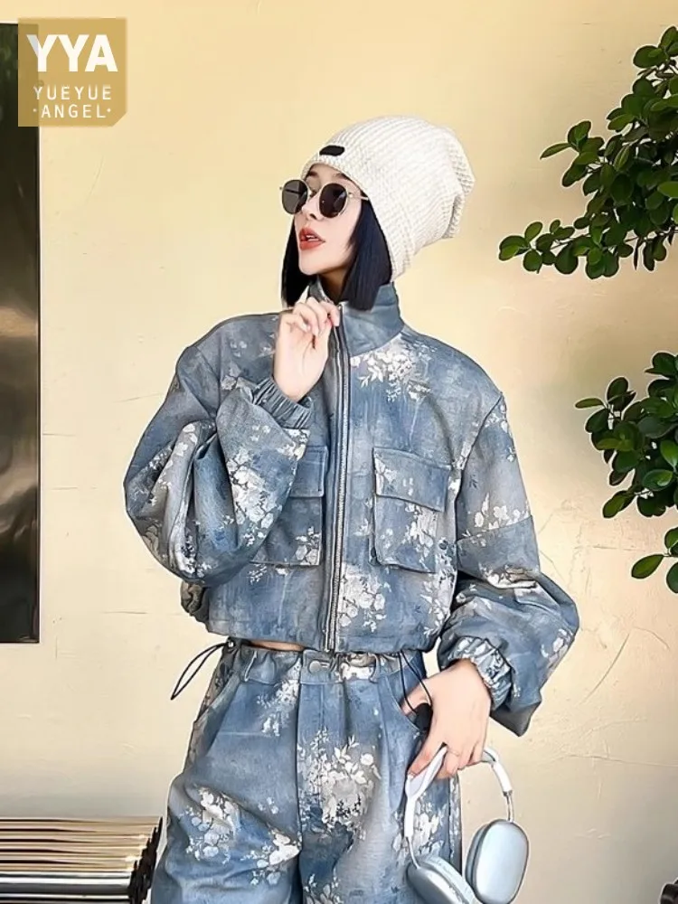Fashion Women Genunine Leather Jacket Stand Collar Printed Sheepskin Hip Hop Casual Short Coat Loose Fit Female Cargo Jackets