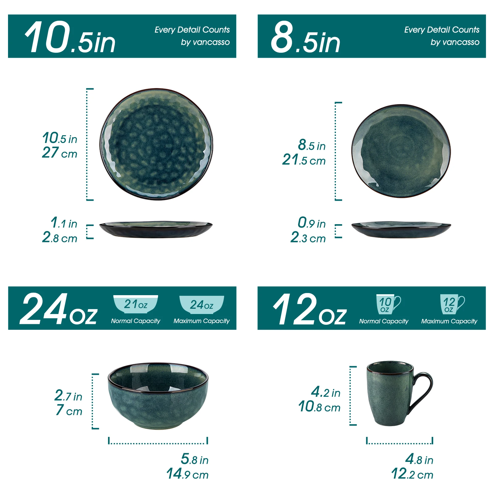 Vancasso 16/32-delige Starry Green dinerset, Kiln Change Glaze servies met dinerbord, dessertbord, schaal, mok