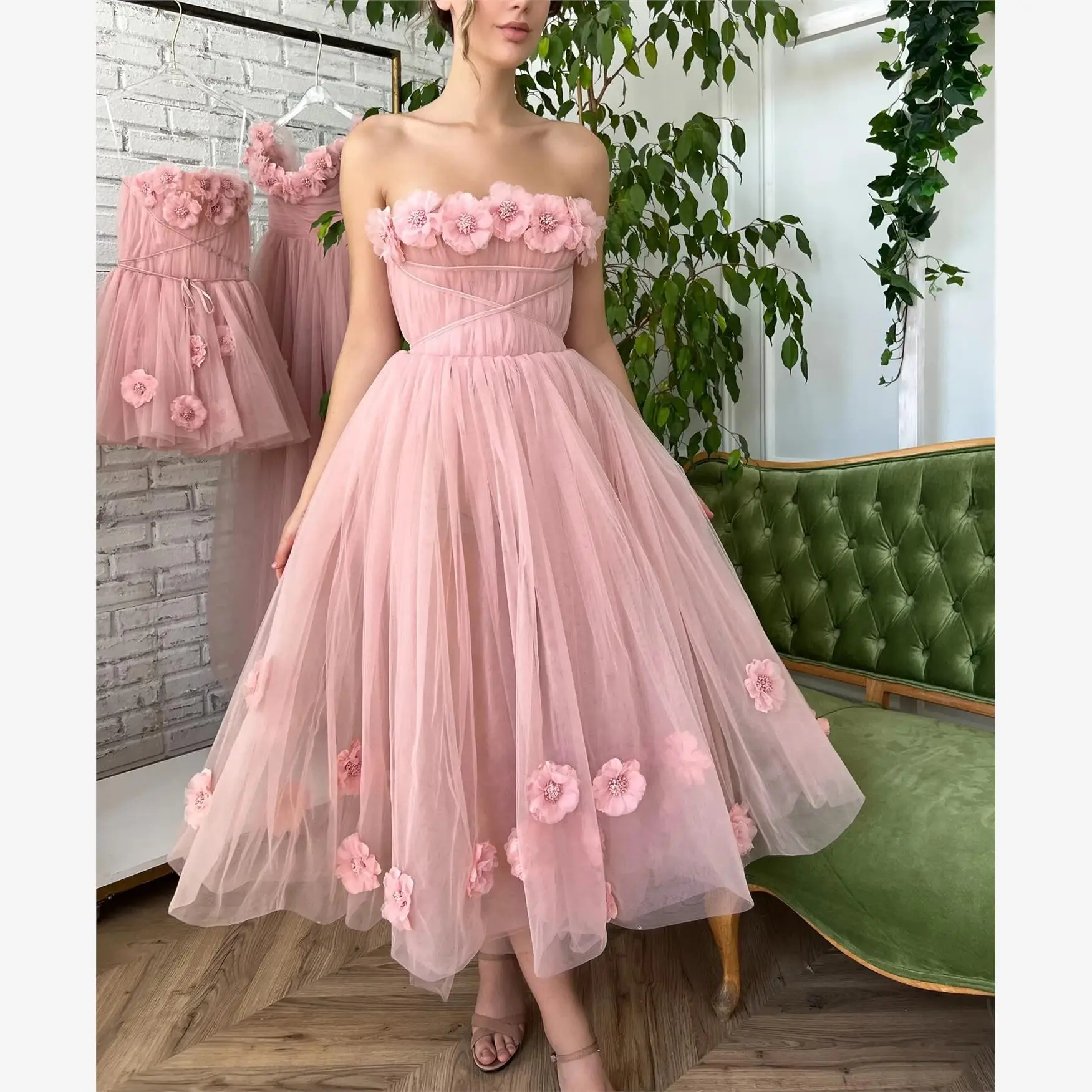 Sexy Sleeveless Strapless Slim Fit Dress Women's Gown mid Waist Polka Dot Long Skirt Wedding Dress Simple Style Flower Pattern