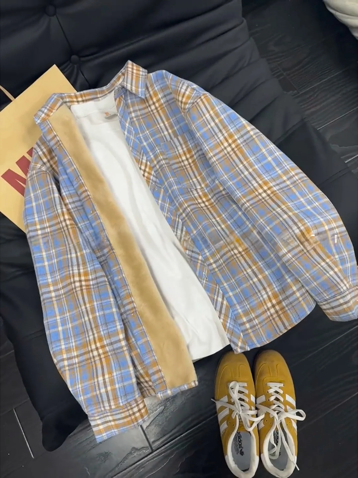 Retro American Plaid Fce Lined Long Sve irt Men's Winter High End Feeling Turn Collar Loose Outerwear Jaet
