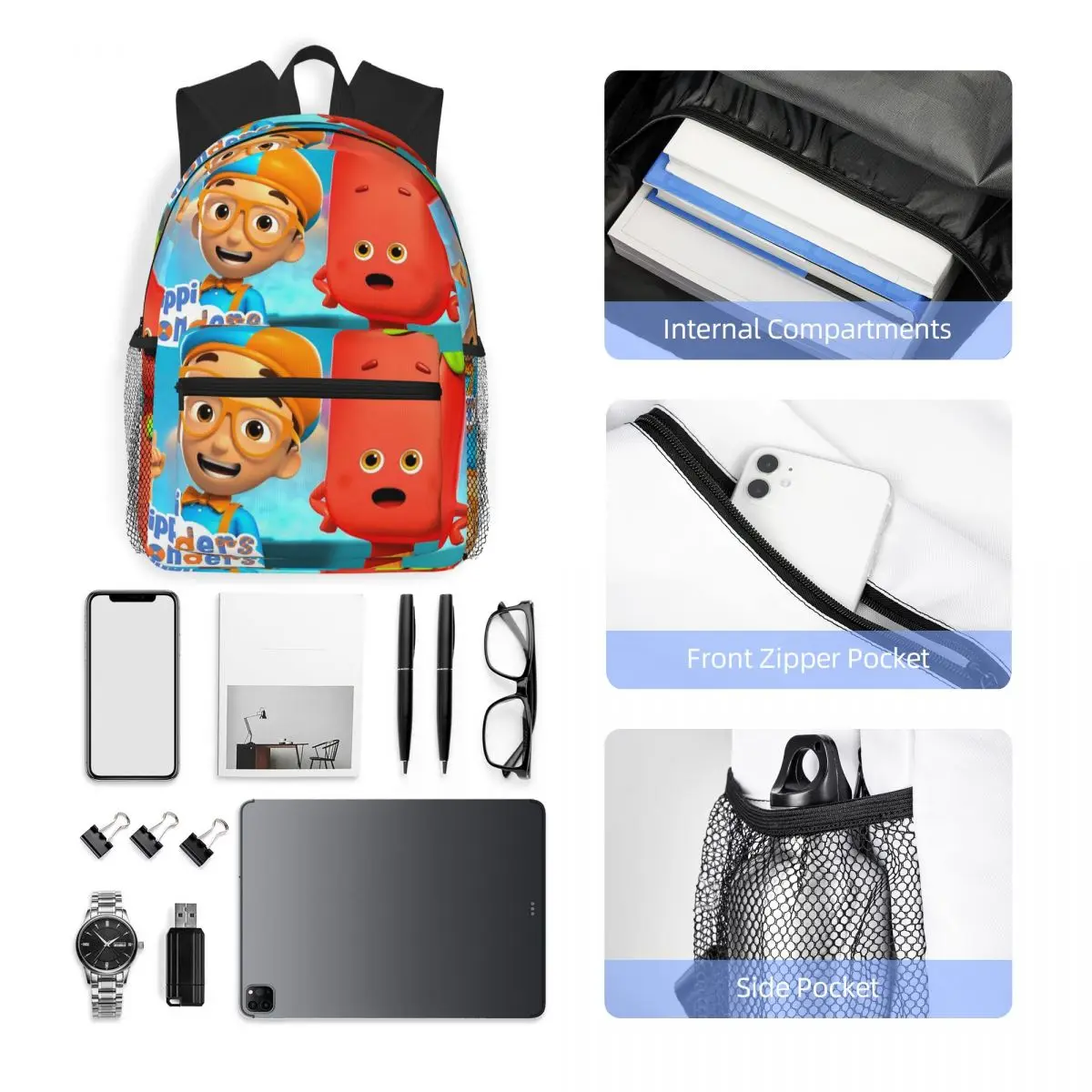 만화 Blippiing 영어 교사 학생 배낭 학교 가방 소년을위한 하이킹 여행 데이 팟 소녀 패션 Bookbag 어깨 가방