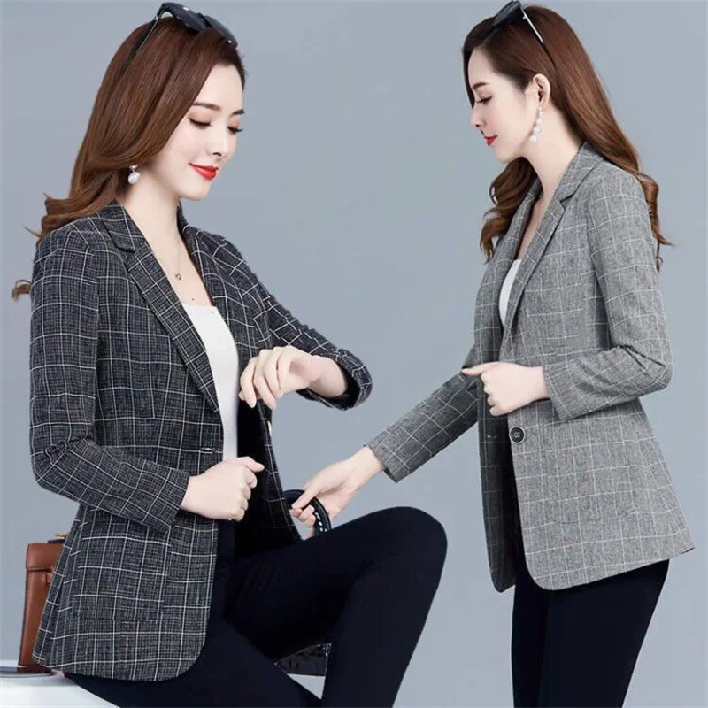 2022 Spring Autumn Blazers Coats Women Suit Short Jacket Casual Tops Female Outerwear Slim Lattice Blazers Windbreaker Coat 5XL