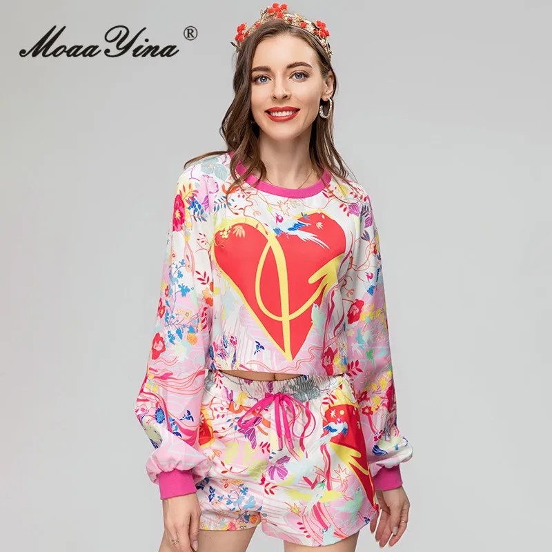 MoaaYina-Conjunto de pantalones cortos estampados para mujer, Top ajustado de manga larga y pantalones cortos de cintura elástica, diseño Vintage, 2 piezas