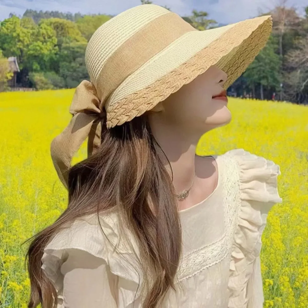 

Portable Straw Weaving Beach Hat Hollow Out Foldable Big Brimmed Woven Cap Polyester Lightweight Bow Fisherman Cap Women
