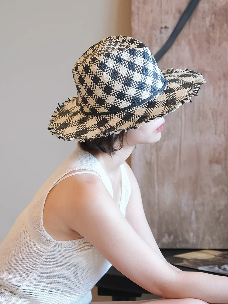 retro-black-white-plaid-straw-hat-women's-summer-wide-brim-sunshade-fisherman-hat-casual-vacation-versatile-korean-style