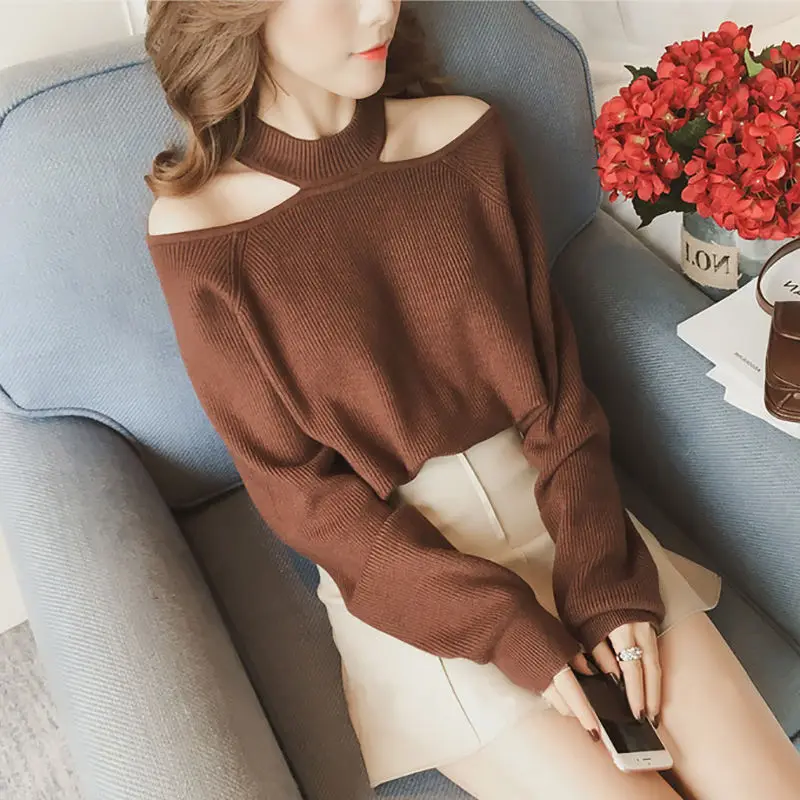 2024 New Women's Autumn Casual Solid Loose Sweaters Female Sexy Halter Slash Neck Bare Shoulders  Knitted Pullovers S65