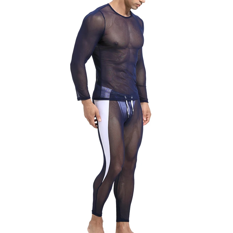 Men Undershirts 2 Piece Sexy Mesh See Through Long Sleeve T-shirts Pants Leggings Underwear Sets Sleepwear Fitness Gym Sportwear