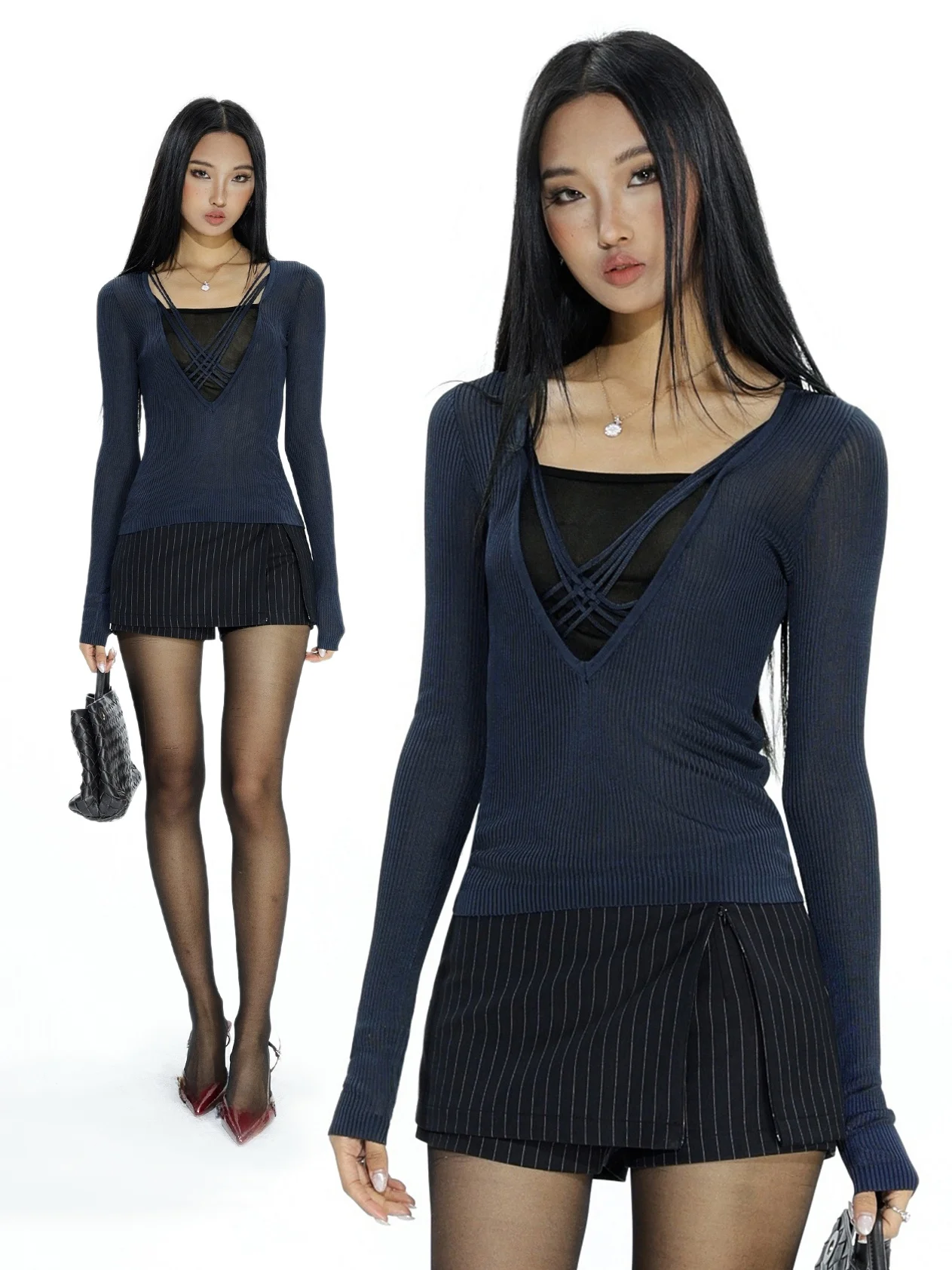 Audwyn Hand Knitted Long Sleeve Slim Fit Women's T-Shirt Faux Two-Piece Design V-Neck Street Style Autumn Winter New Arrival