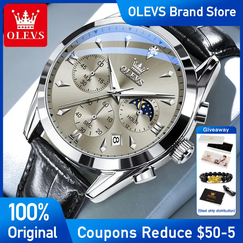 

OLEVS Mens Watch Brand Quartz Watch Leather Strap Waterproof Luminous Moon Phase Automatic Date Men's Wristwatch with box