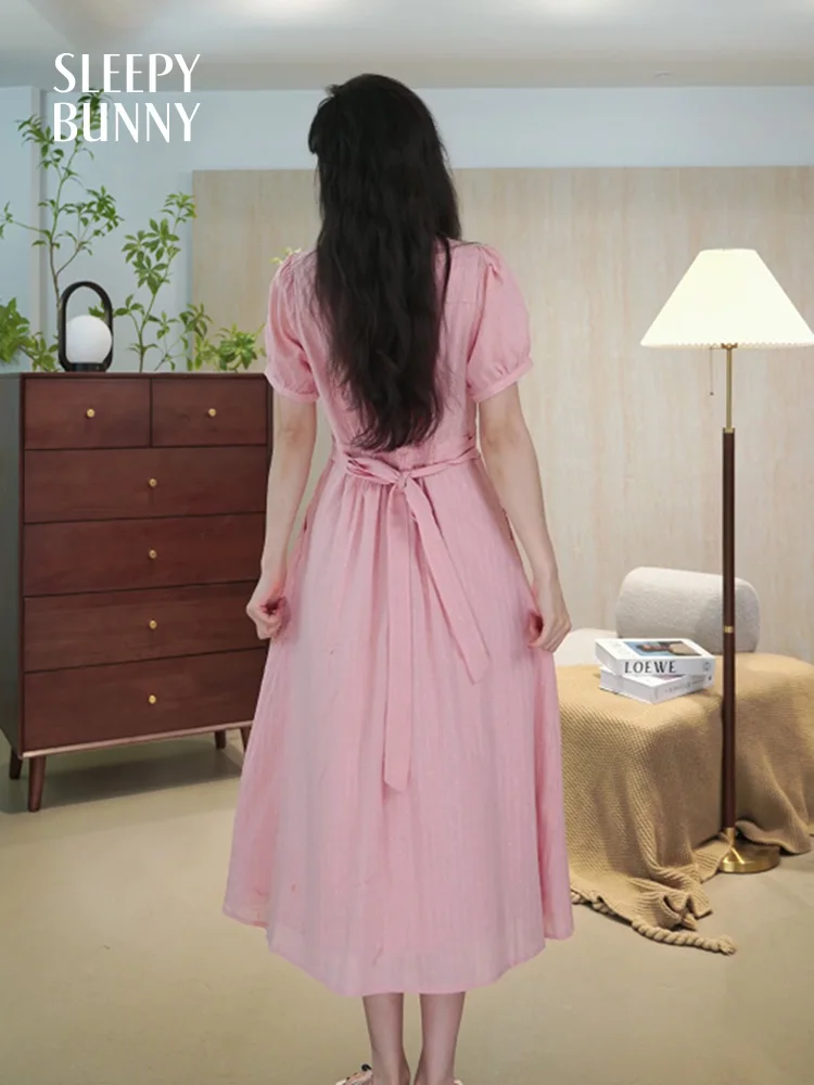 Sweet French Style Short Sleeve Dress Women Summer Elegant Ruched Waist Long Dress Cute High Waist A-Line Flowy Midi Skirt Look