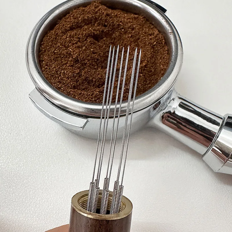 Agitador de polvo de Espresso de 6 agujas, mango de madera, agujas de manipulación de café, distribuidor de acero inoxidable, herramientas Wdt, accesorios de Barista