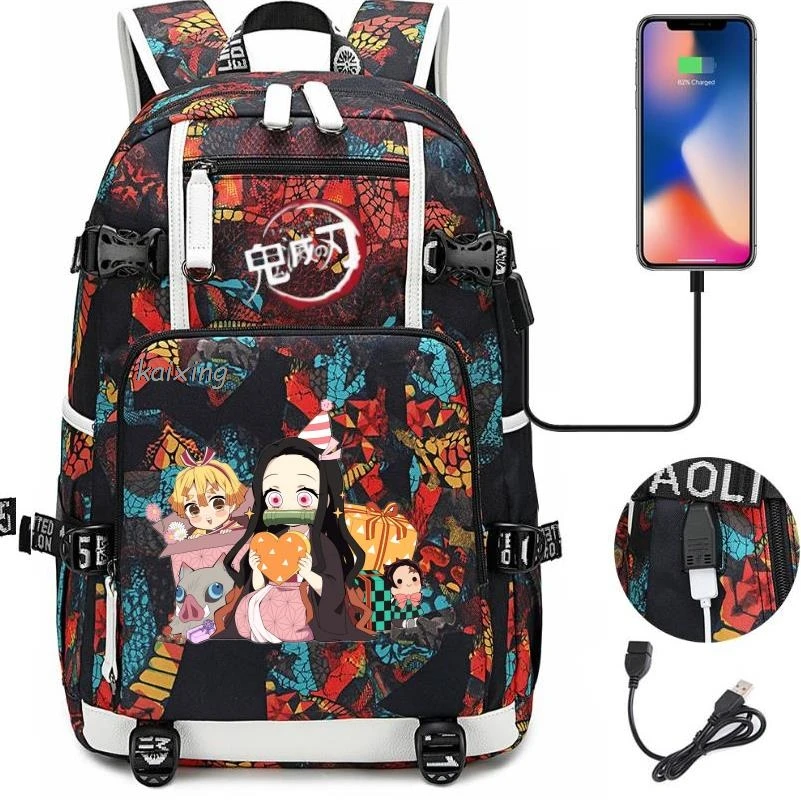 Hot Kamado Nezuko Demon Slayer Usb Port Backpack Teen Girl Kawaii BookBag Student School Bag Rucksack Casual Travel Mochila Gift