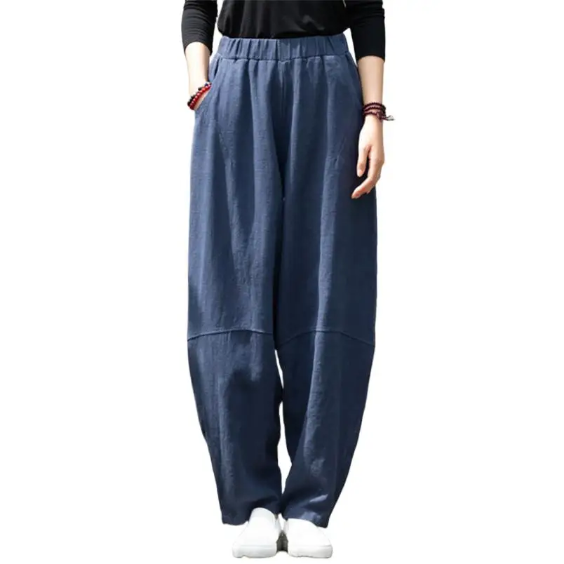 

Women Retro Long Pants Elastic Waist Spliced Bloomers Spring Autumn Female Trousers Plus Size Loose Casual Ladies Chic Pants