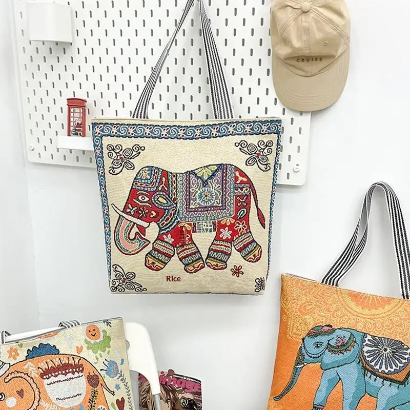 Handbag Canvas Embroidery Ethnic Pattern with Animal Motif Shopping Shoulder Bag for Girls Teens Women
