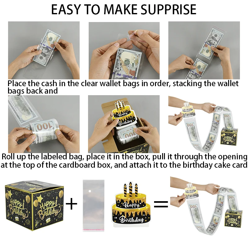 Happy Birthday Surprise Money Gift Box Cash Gift Pull Out Money Gift Boxes with 30Pcs Transparent Bags Birthday Party Gifts