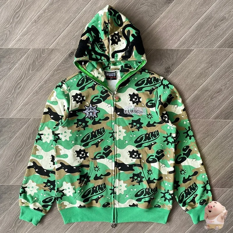 

High Street Vintage Green Camouflage Glo Gang The Glory Full Zip Cardigan Hoodie Men Women Oversized Hooded