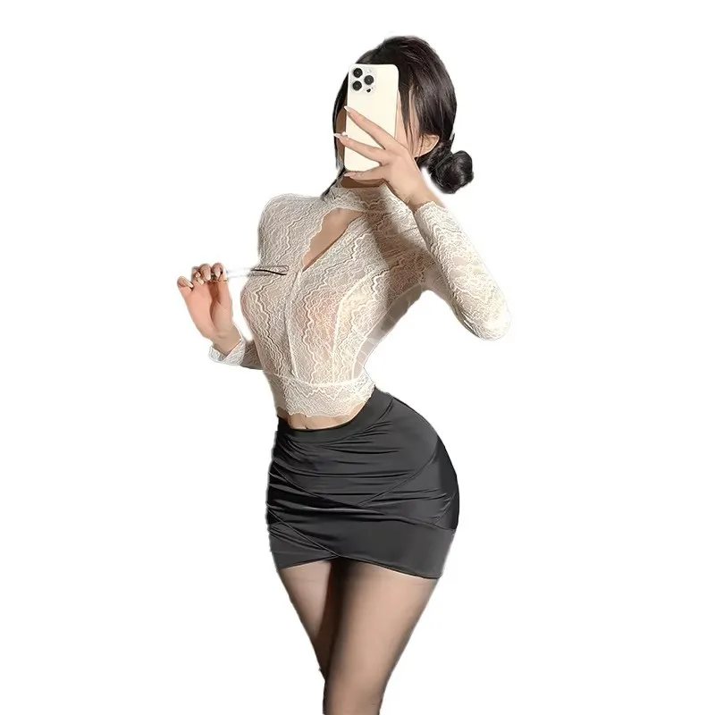 

Sexy Office Lady Cosplay Costumes Women Sexy Lingerie Stewardess Outfit Secretary Lace See Through Top and Miniskirt Uniform Set