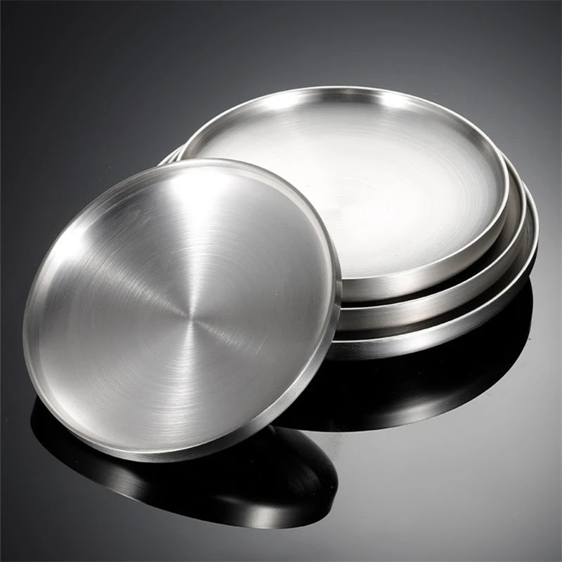Thick Stainless Steel Round Dinner Plate Western Dessert Dishes Tray Double-layer Anti-scalding Dining Table Home Decoration - Image 4