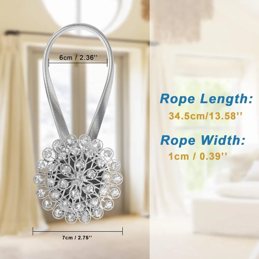 Crystal Decor Curtain Tiebacks, 6 Pack Magnetic Tieback, Crystal Flower Curtain Tiebacks with High Stretchy Wire Rope