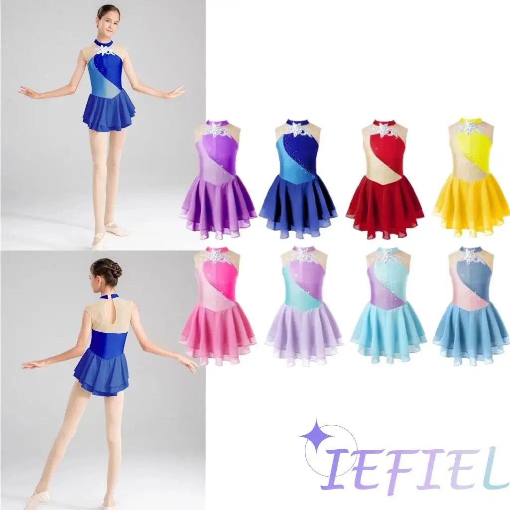 

Girls Sequin Ballet Dancewear Flower Tutu Dress Ballerina Costume Figure Skating Gymnastics Skirted Mesh Splice Skater Costume